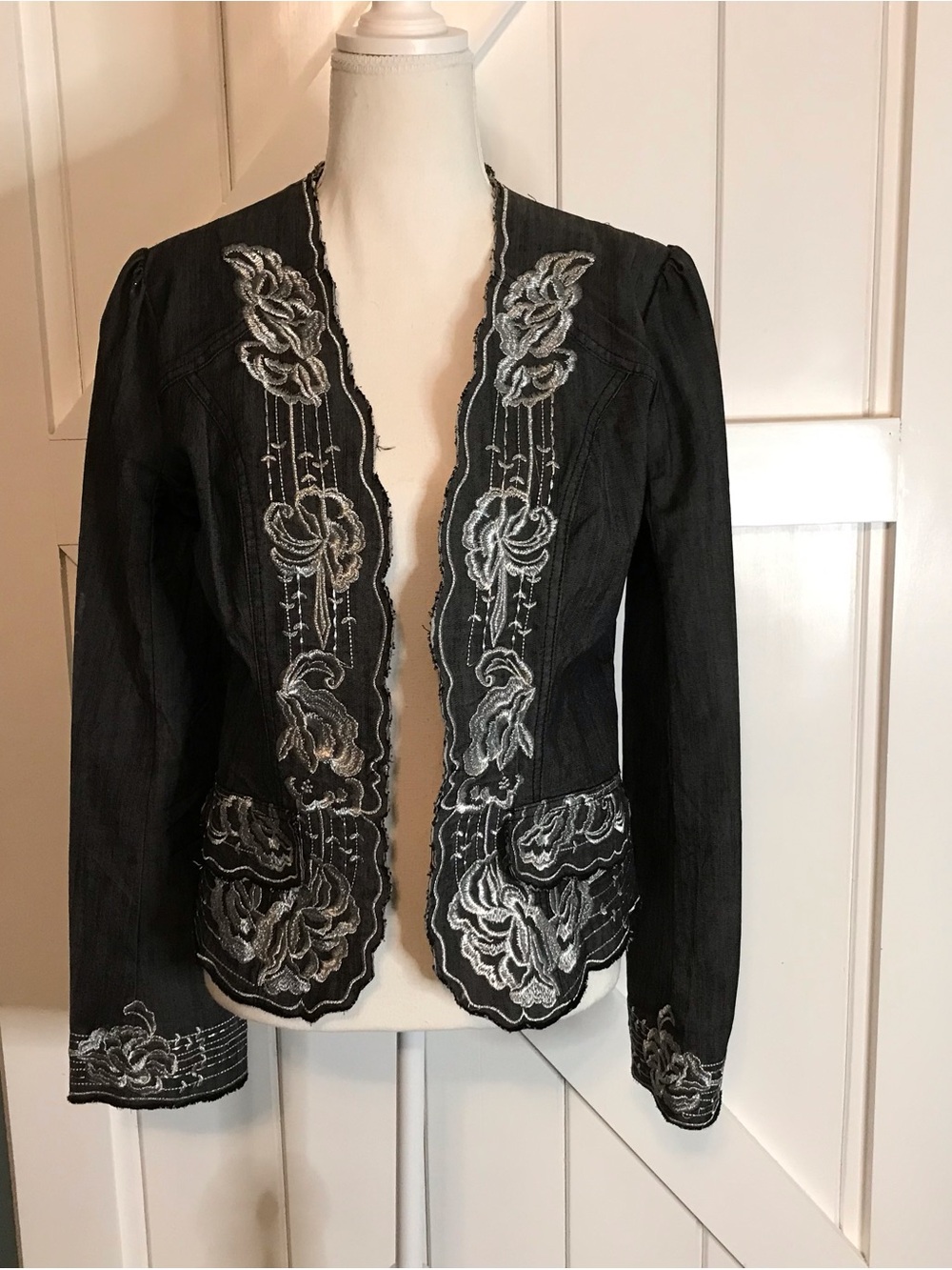 Y Apparel USA Embroidered Open-Front Blackish/Gray  Women's Jacket